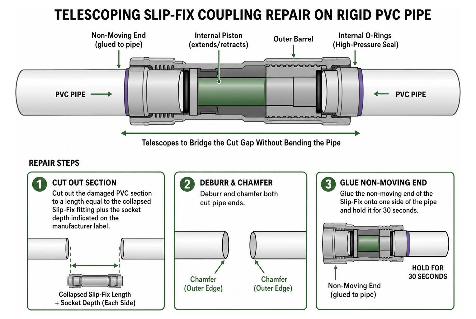 telescoping slip fix coupling repair on rigid PVC pipe
