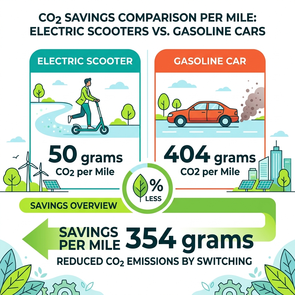 CO2 savings comparison infographic: electric scooters vs gasoline cars per mile - eco commute electric scooter infographic CO2 savings comparison infographic: electric scooters vs gasoline cars per mile - eco commute electric scooter infographic