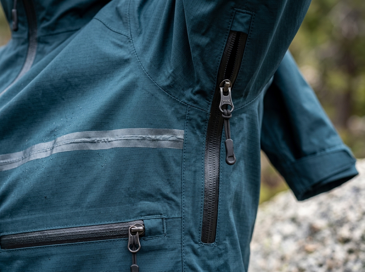 Close up of technical jacket details like taped seams, water-resistant zippers, and pit zips - packable rain jacket women