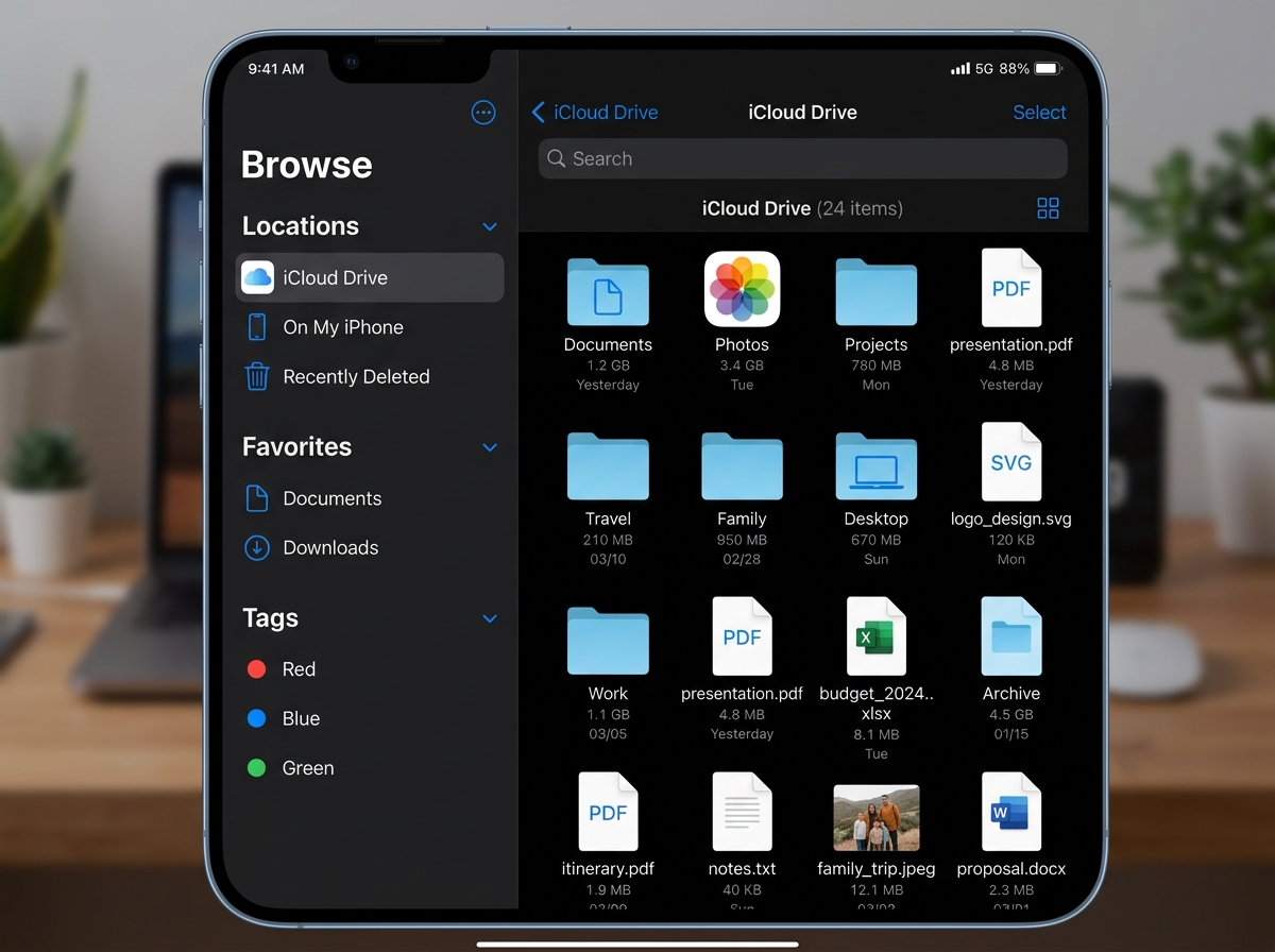 The Files app on iOS showing the iCloud Drive directory and Recently Deleted folder - manage icloud drive storage