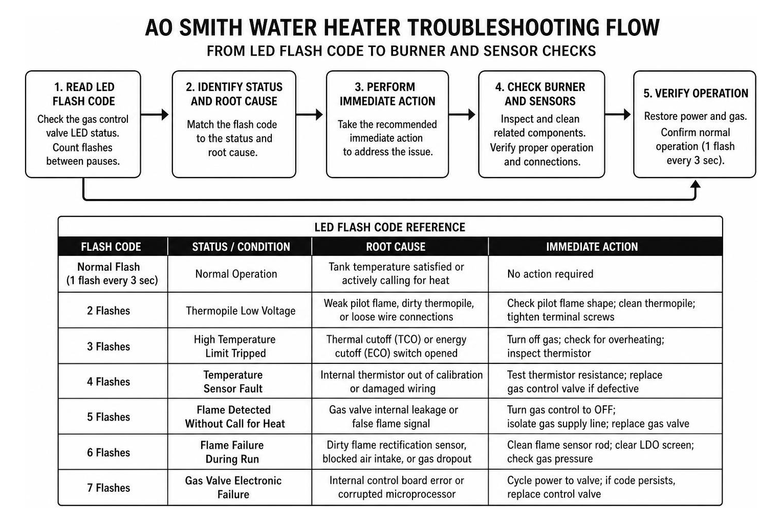 Troubleshooting flow from LED flash code to burner and sensor checks