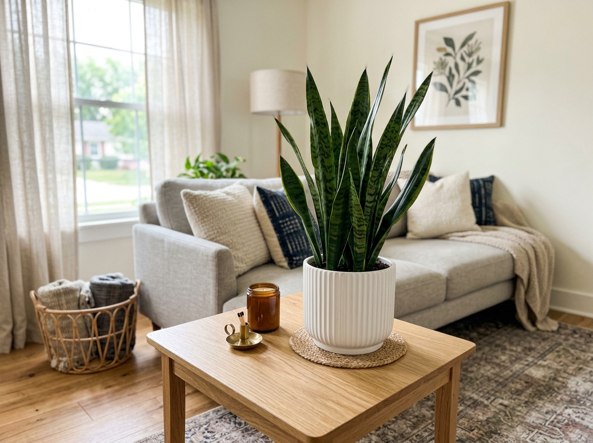 A sleek Snake Plant in a modern ceramic planter on a wooden side table - air purifying plants gift ideas