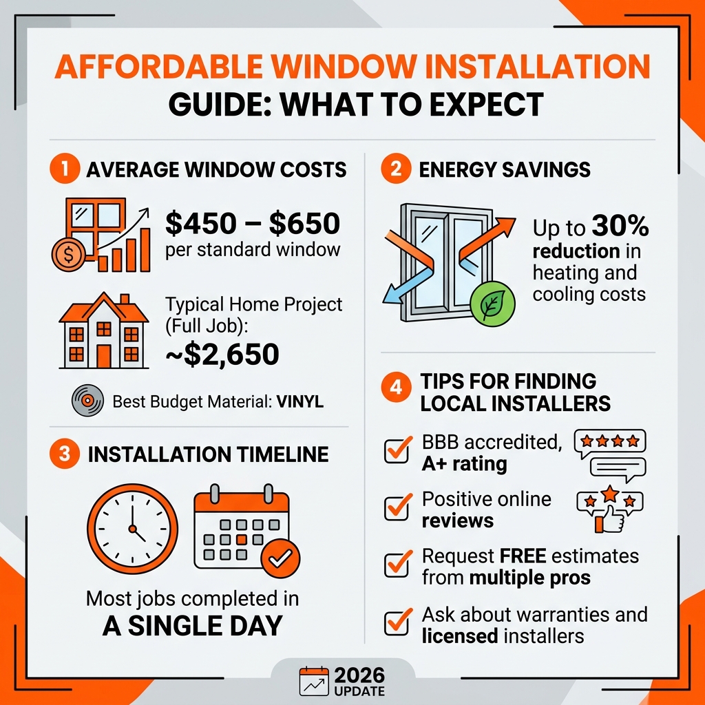 Infographic showing average window costs, energy savings, installation timeline, and tips for finding local window