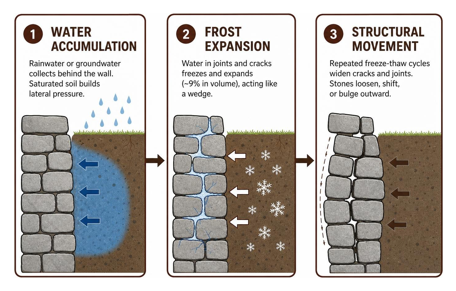 Diagnostic sequence showing water accumulation, frost expansion, and structural movement Diagnostic sequence showing water accumulation, frost expansion, and structural movement