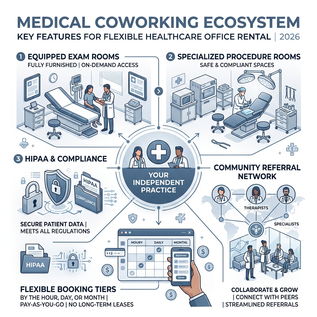 Infographic showing the medical coworking ecosystem: exam rooms, procedure rooms, HIPAA compliance, flexible booking tiers Infographic showing the medical coworking ecosystem: exam rooms, procedure rooms, HIPAA compliance, flexible booking tiers