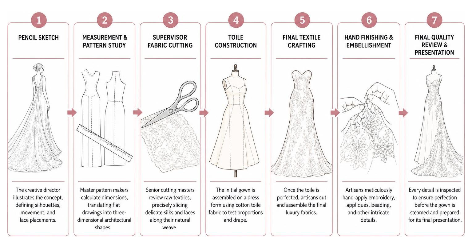 7-step haute couture creation process from pencil sketch to final gown presentation