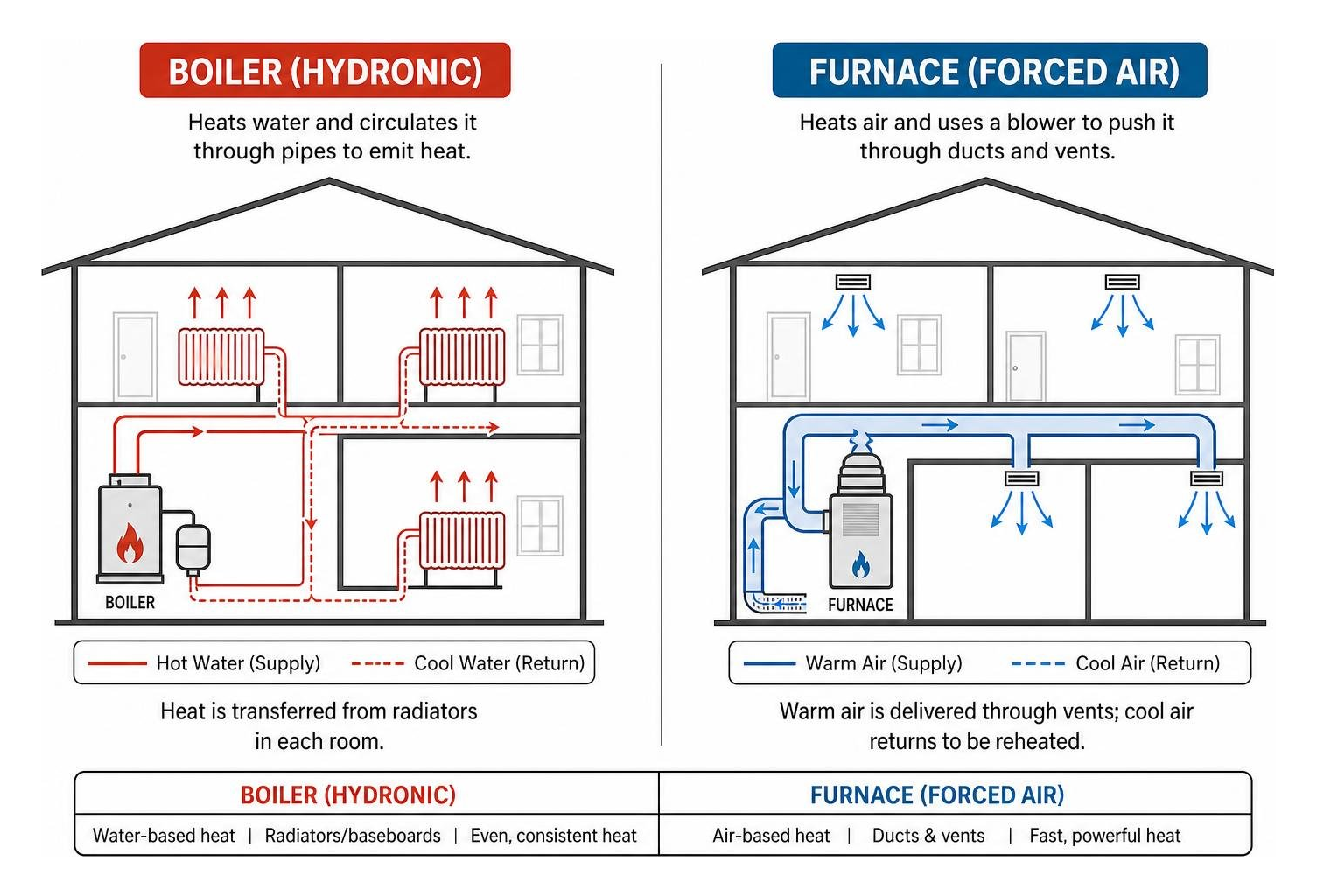 Diagram comparing how a boiler and a furnace distribute heat throughout a home Diagram comparing how a boiler and a furnace distribute heat throughout a home