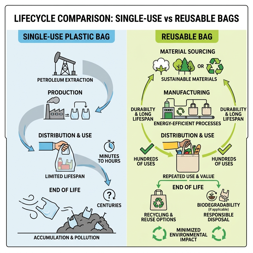 Lifecycle of a reusable bag vs single-use plastic bag infographic - blank reusable shopping bags infographic 