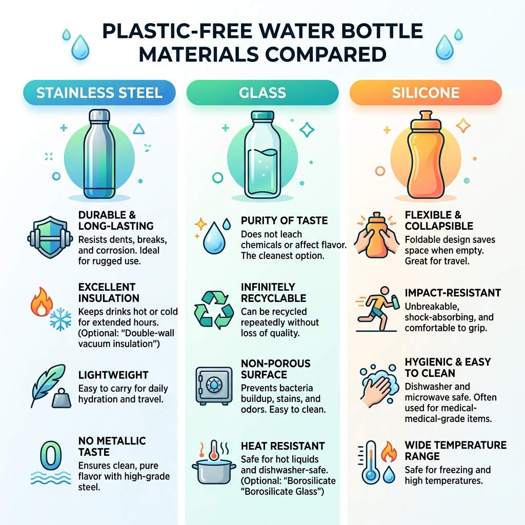 Benefits of plastic-free water bottle materials compared: stainless steel, glass, and silicone - plastic free water bottle Benefits of plastic-free water bottle materials compared: stainless steel, glass, and silicone - plastic free water bottle