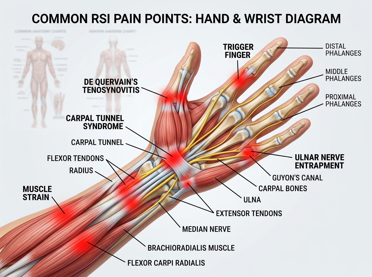 Common RSI pain points in the hand and wrist - repetitive strain injury prevention in the workplace