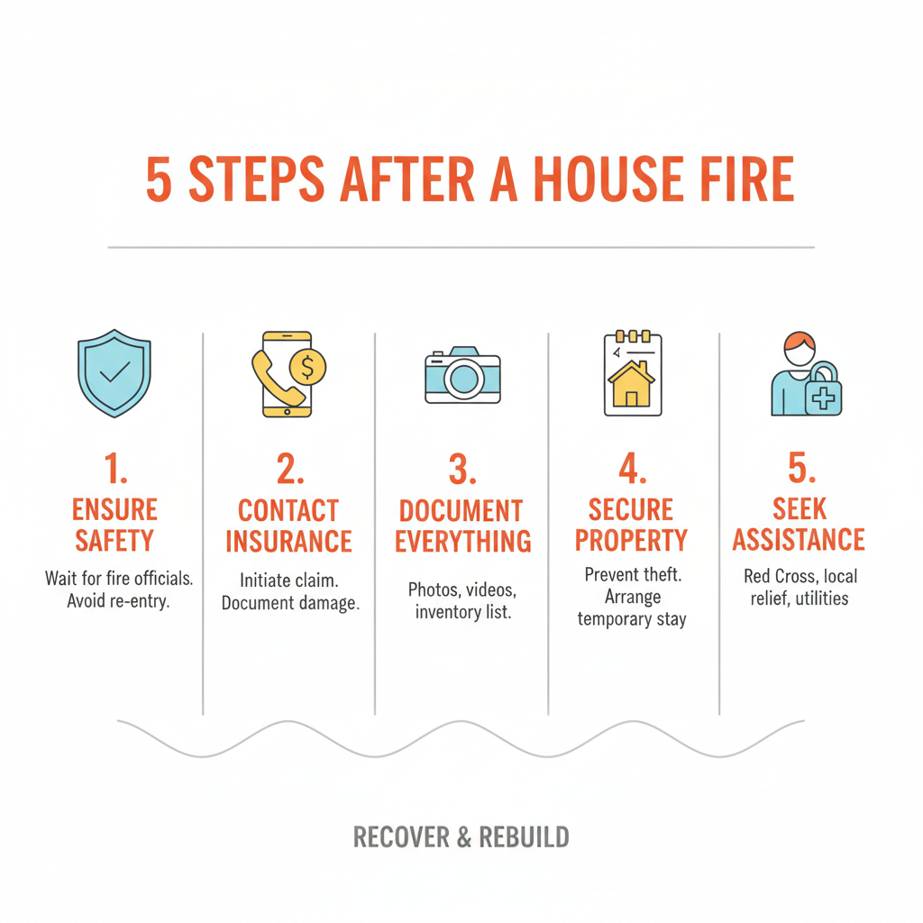 infographic of 5 steps after a house fire - cost to repair fire damaged house infographic