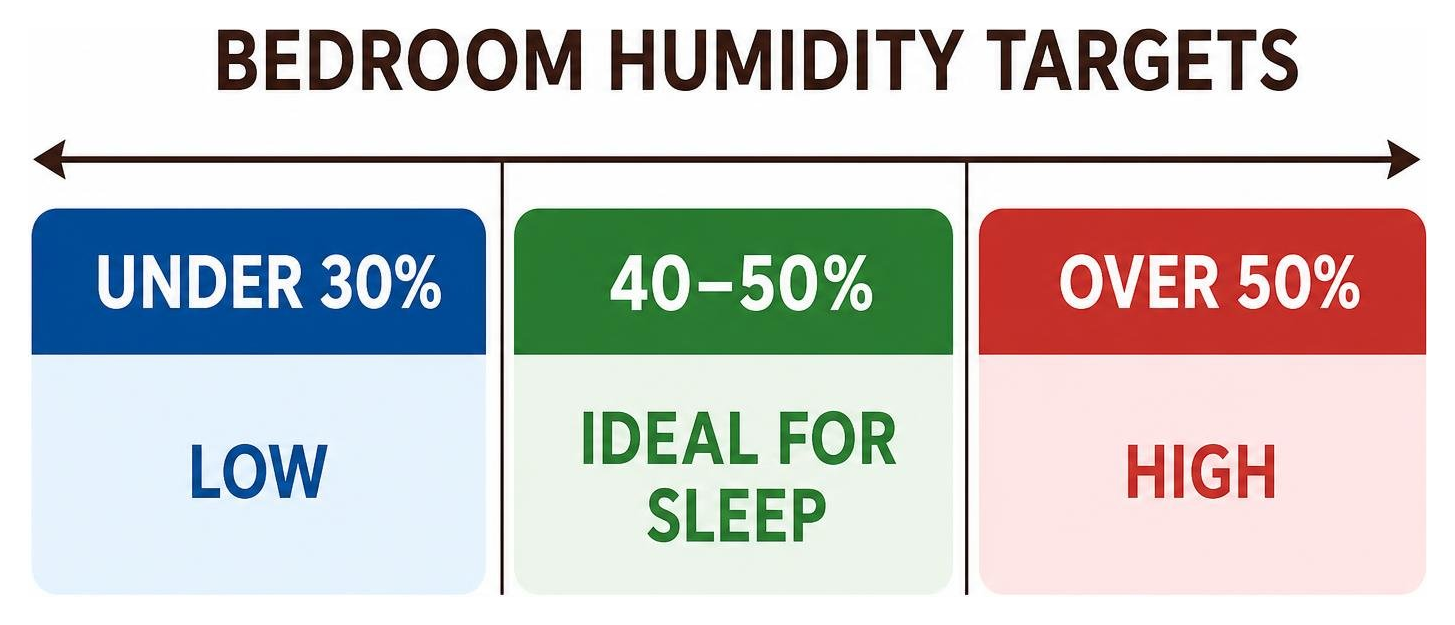 Bedroom humidity targets: Under 30% Low, 40-50% Ideal for Sleep, Over 50% High