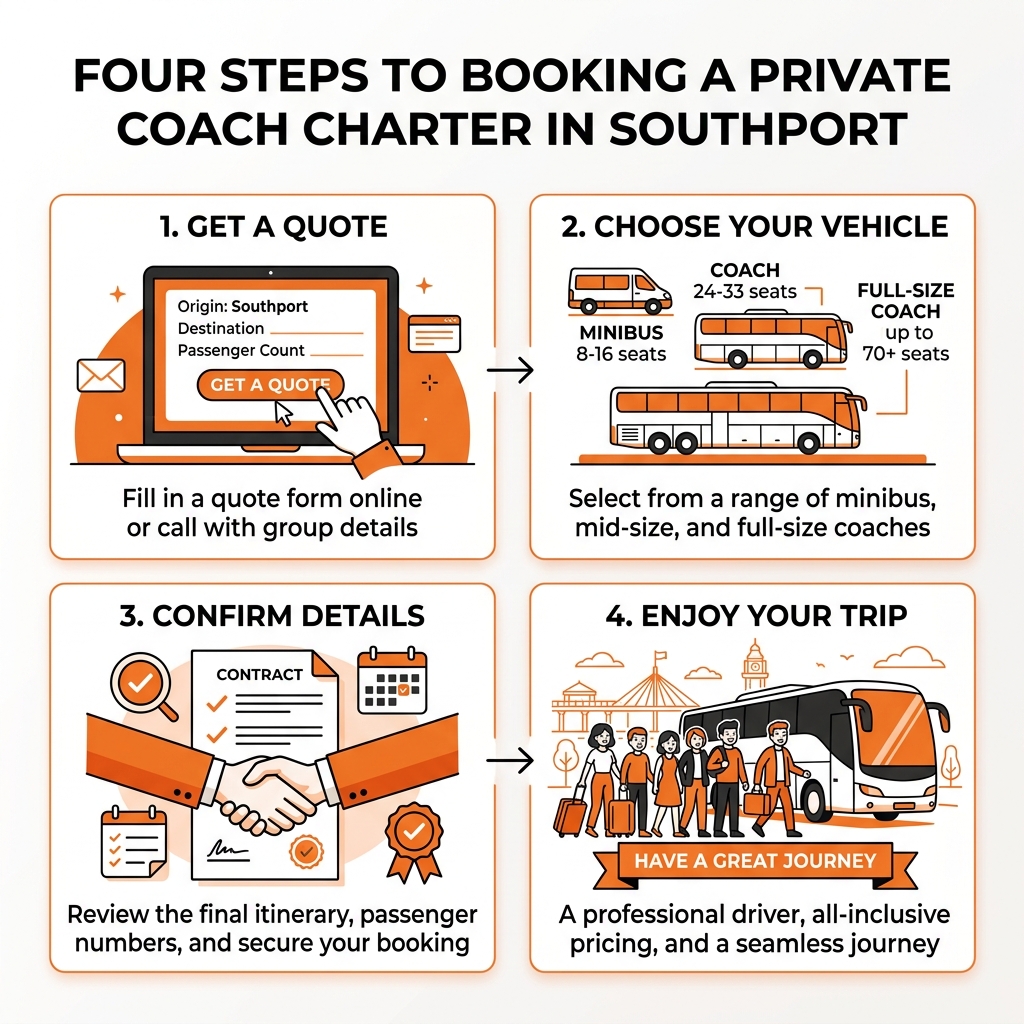 Four steps to booking a private coach charter in Southport: get a quote, choose your vehicle, confirm details, enjoy your