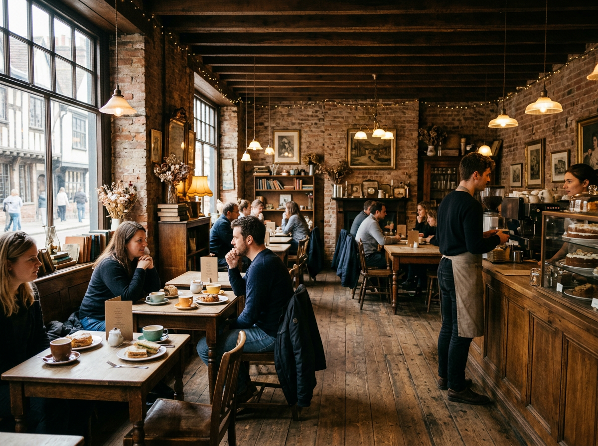 cozy historic cafe interior with rustic details