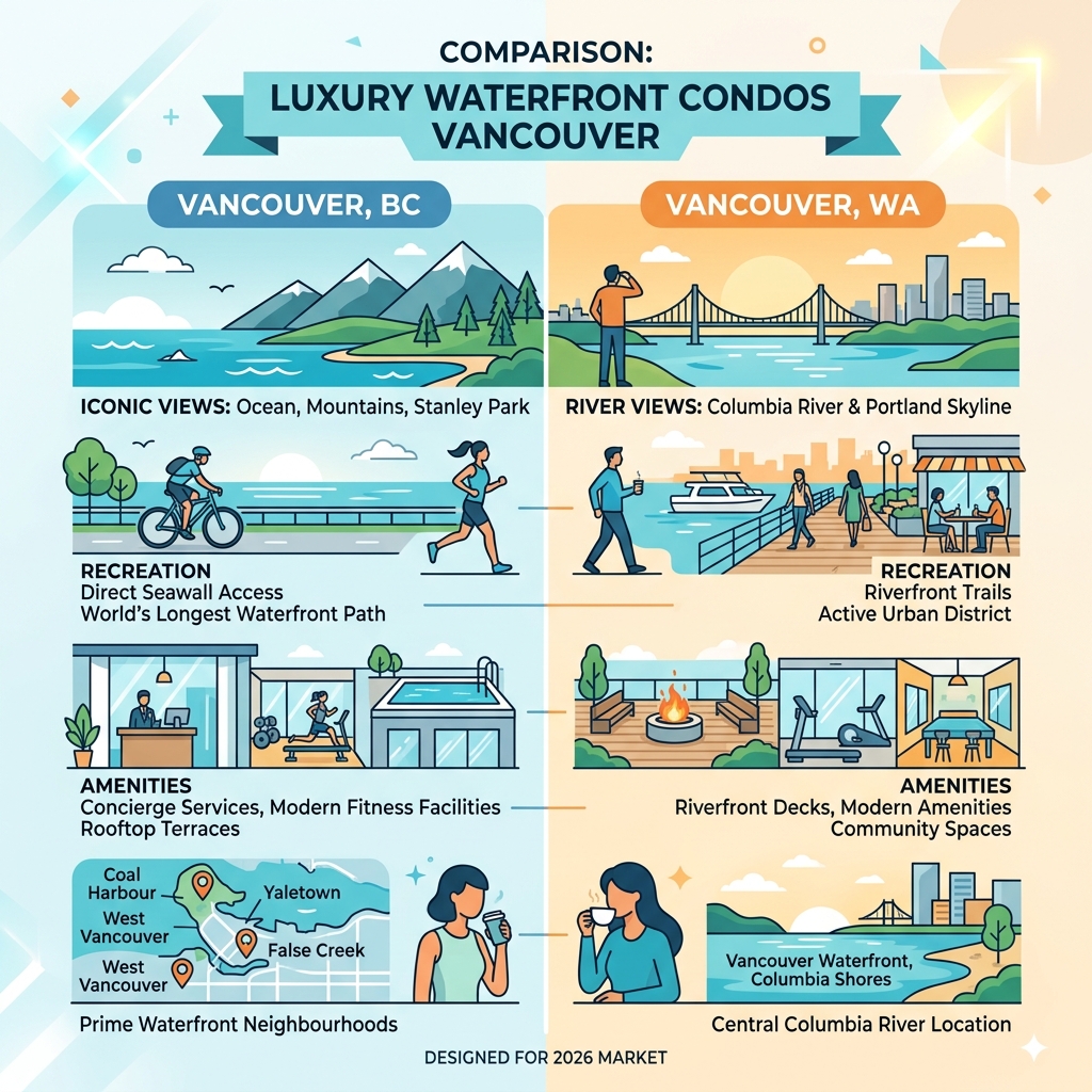 Infographic comparing luxury waterfront condo benefits in Vancouver BC vs Vancouver WA - Luxury waterfront condos Vancouver Infographic comparing luxury waterfront condo benefits in Vancouver BC vs Vancouver WA - Luxury waterfront condos Vancouver