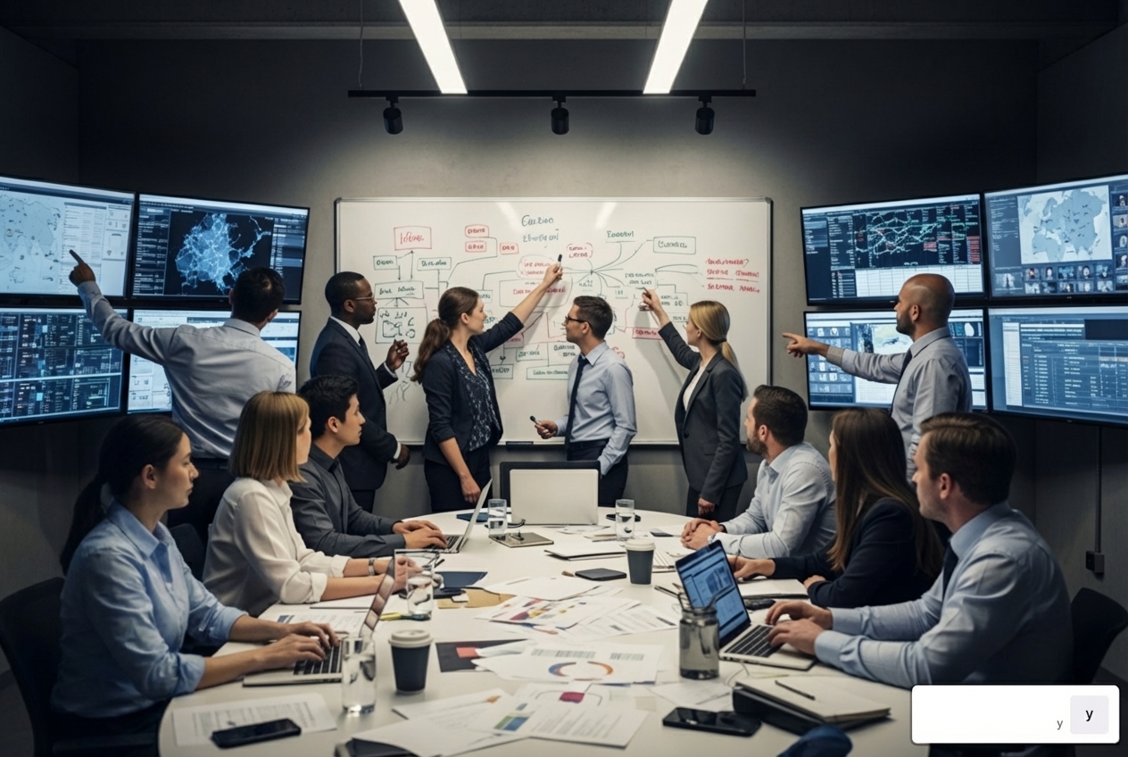 Crisis communications team in a war room setting - Crisis SEO for CEO and Executive Scandals