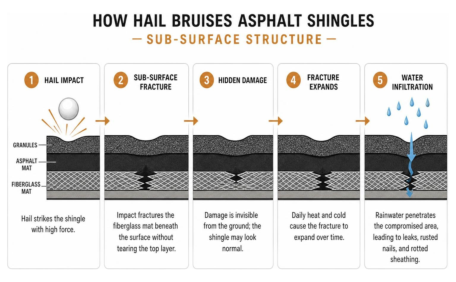 How hail bruises asphalt shingles sub-surface structure How hail bruises asphalt shingles sub-surface structure