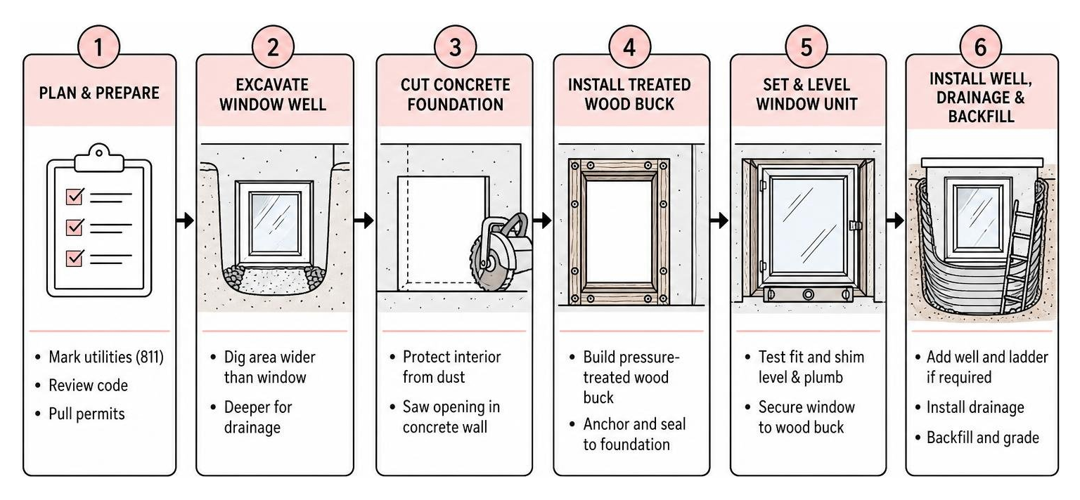 Step-by-step egress window installation process from planning to final trim Step-by-step egress window installation process from planning to final trim