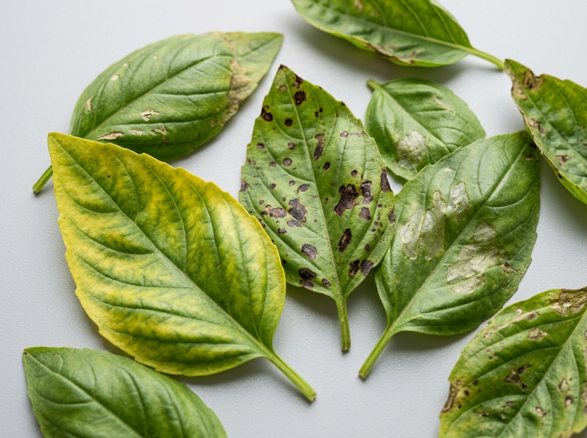 various basil leaf discolorations including yellowing, brown spots, and translucent patches - indoor basil troubleshooting various basil leaf discolorations including yellowing, brown spots, and translucent patches - indoor basil troubleshooting