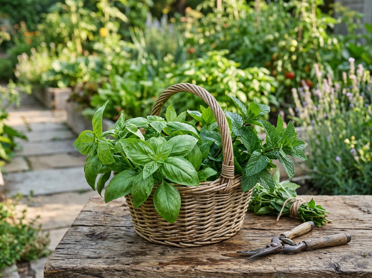 fresh basil and mint harvested from a home garden - beginner herbs to grow fresh basil and mint harvested from a home garden - beginner herbs to grow