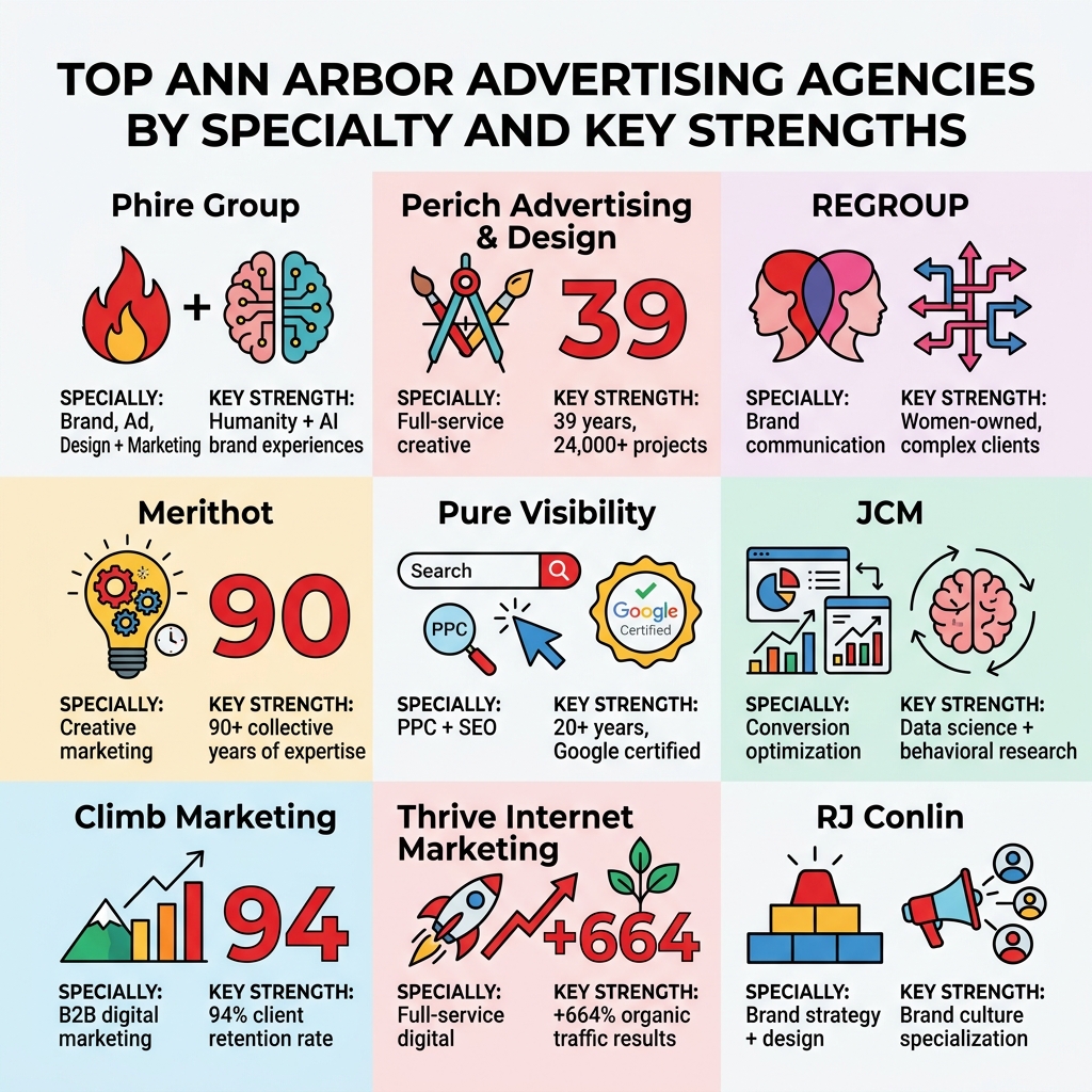 Infographic showing top Ann Arbor advertising agencies by specialty and key strengths - ann arbor advertising agencies Infographic showing top Ann Arbor advertising agencies by specialty and key strengths - ann arbor advertising agencies