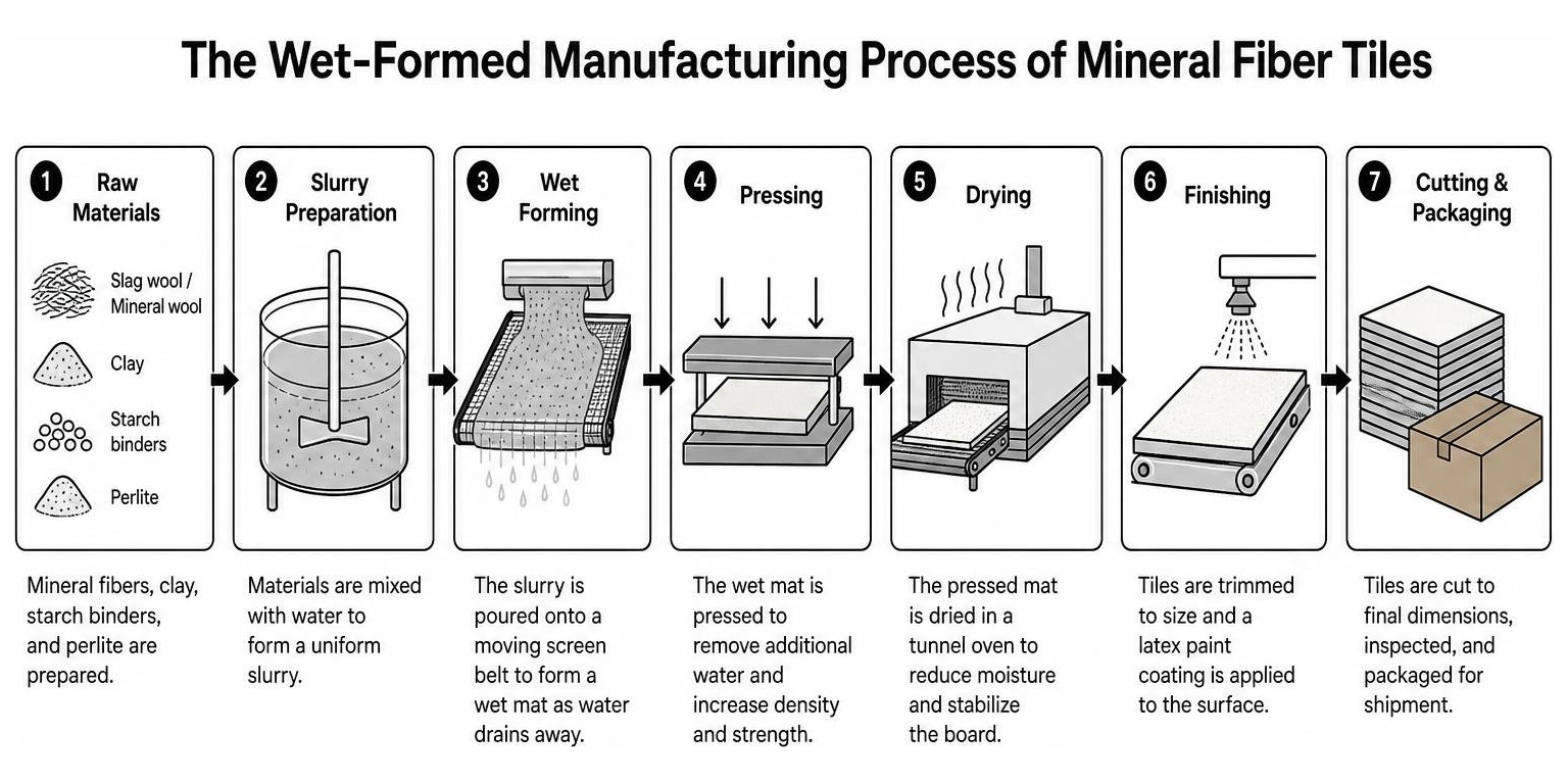 The wet-formed manufacturing process of mineral fiber tiles The wet-formed manufacturing process of mineral fiber tiles