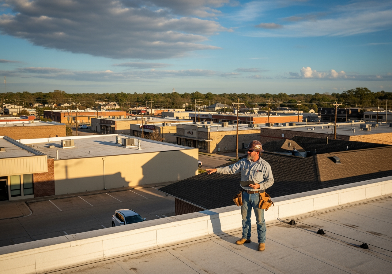 Professional roofing crew working safely on a commercial building - commercial roofing contractors temple tx