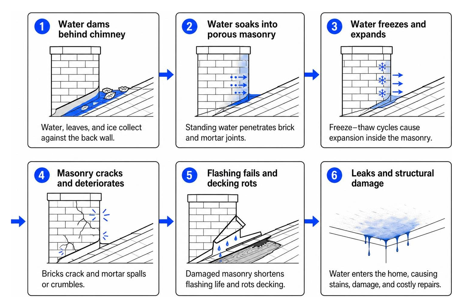 Cause and effect sequence of water damming leading to masonry freeze-thaw rot Cause and effect sequence of water damming leading to masonry freeze-thaw rot