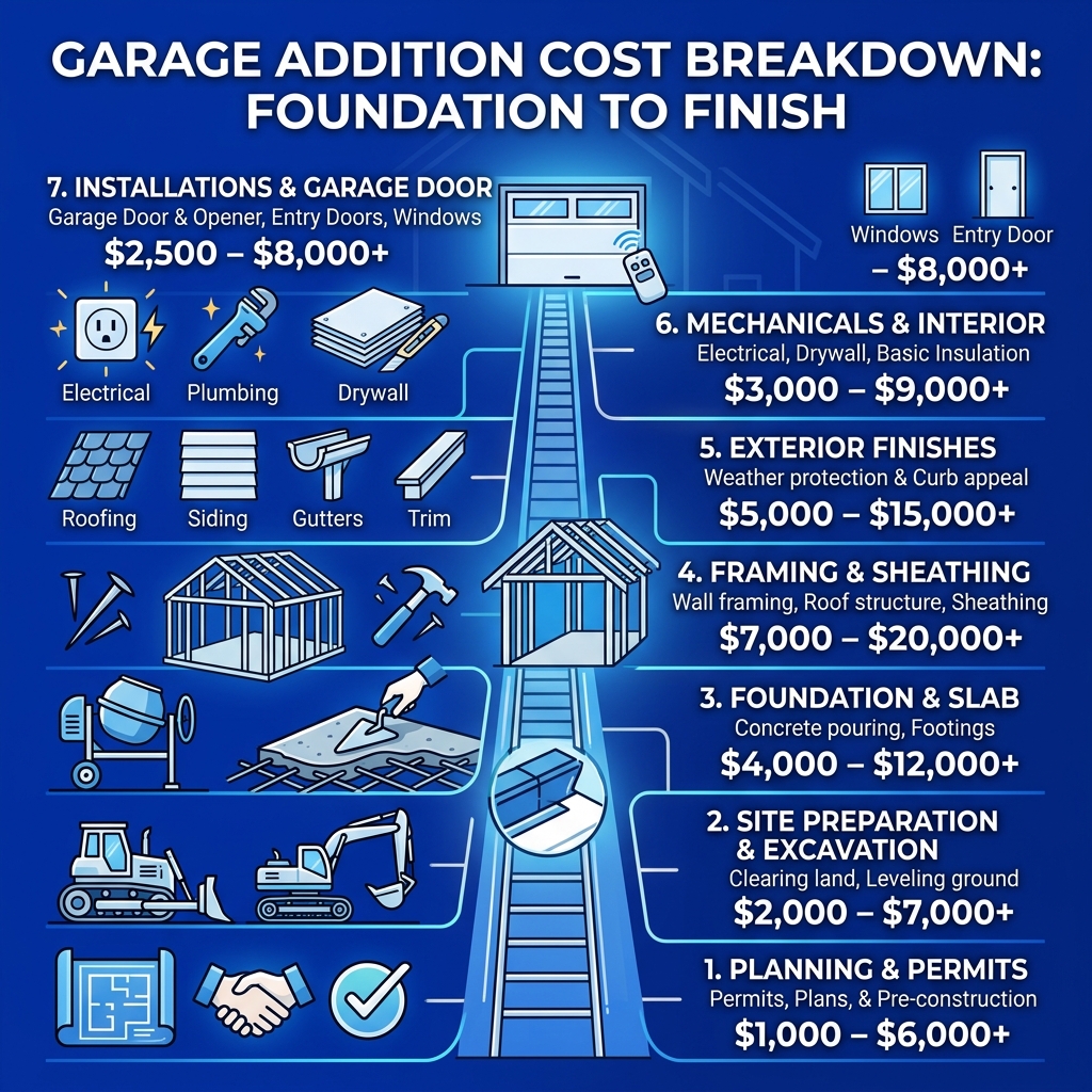 Garage addition cost breakdown from foundation to finish, including components and price ranges - average cost of adding a