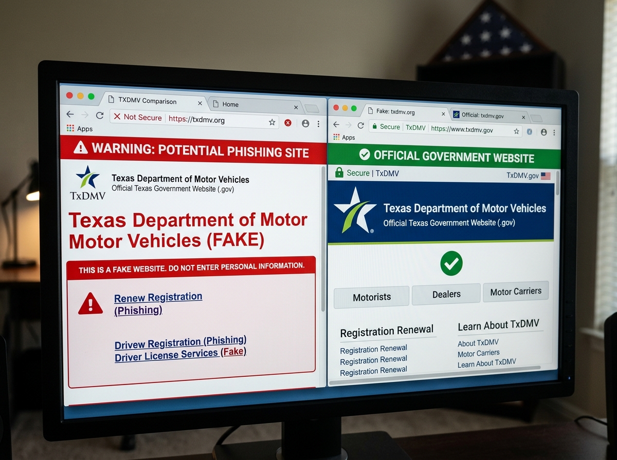 Comparison of fake txdmv.org URL vs official txdmv.gov domain - txdmv.org scam Comparison of fake txdmv.org URL vs official txdmv.gov domain - txdmv.org scam