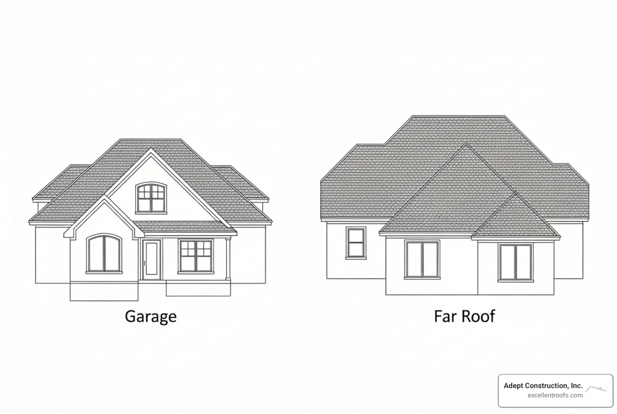 Diagram showing the difference between a gable roof and a hip roof, labeled as Roof Style and Roof Material - residential roofing systems Diagram showing the difference between a gable roof and a hip roof, labeled as Roof Style and Roof Material - residential roofing systems
