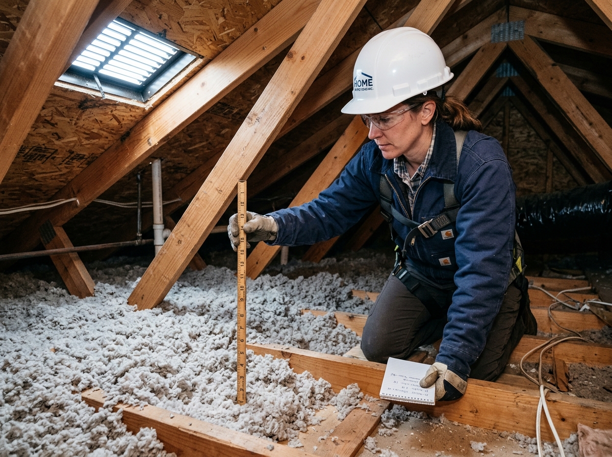 A professional measuring insulation depth with a ruler to calculate R-value - roof and attic inspection for efficiency A professional measuring insulation depth with a ruler to calculate R-value - roof and attic inspection for efficiency