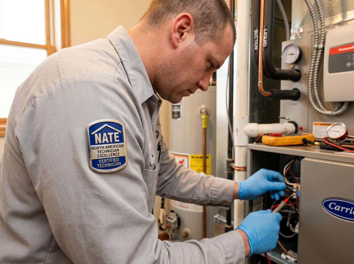 NATE-certified technician badge symbolizing professional HVAC expertise and training - heating contractor services