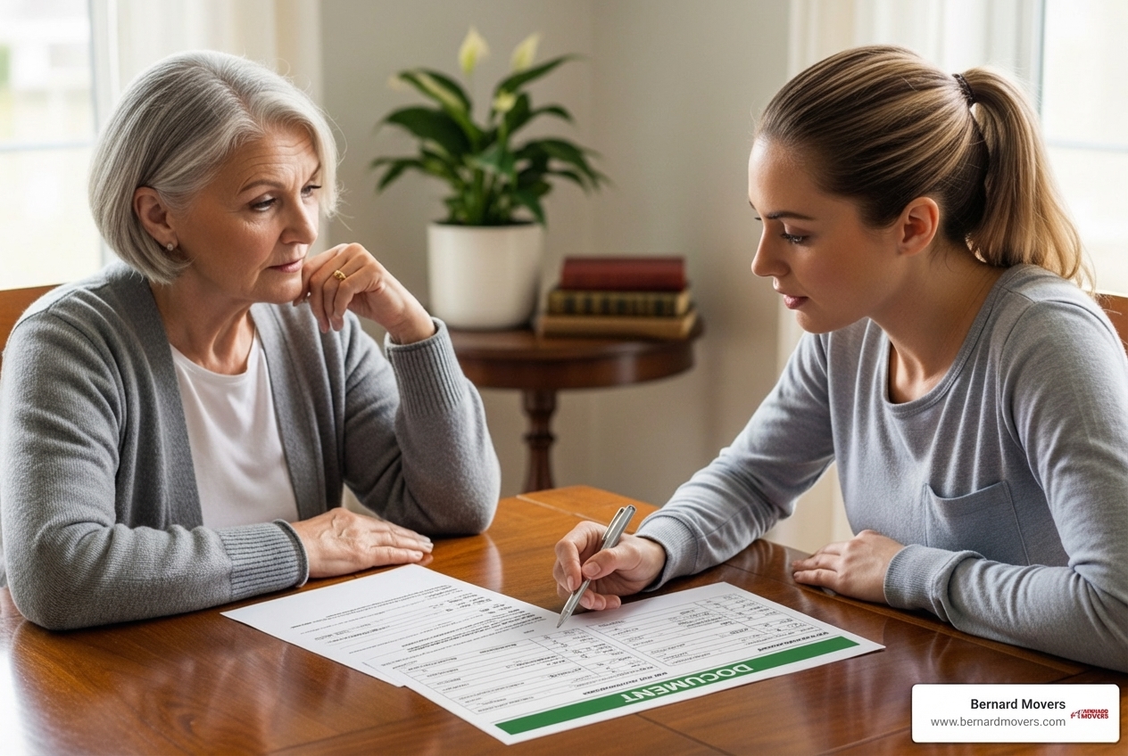 a senior reviewing a moving quote with a family member - Movers for seniors