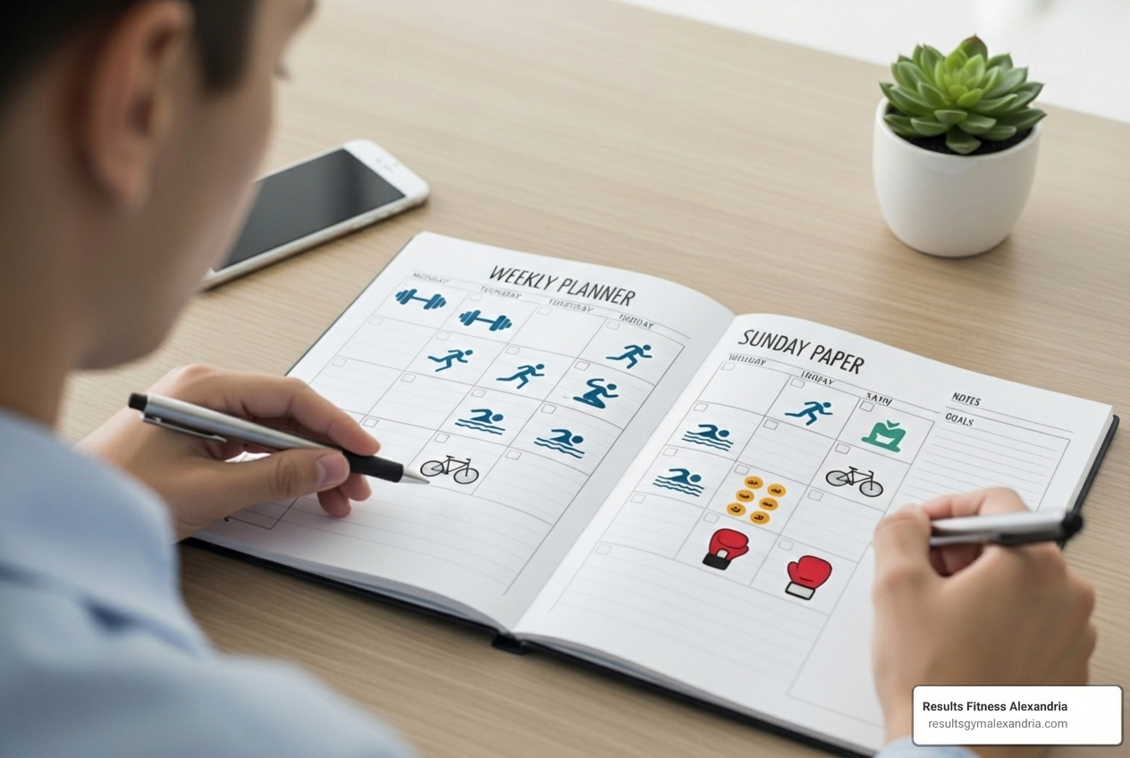 person looking at weekly planner with workout icons - cardio strength flexibility balance person looking at weekly planner with workout icons - cardio strength flexibility balance