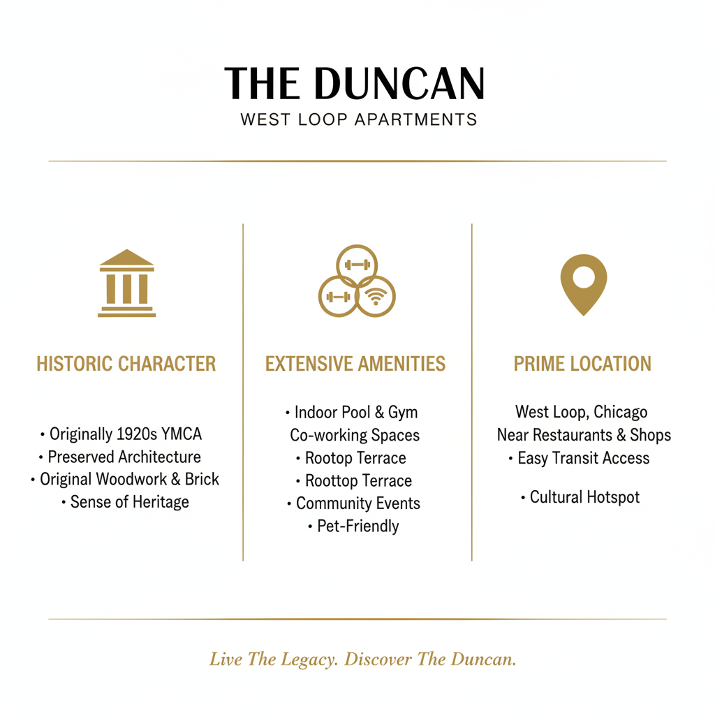 Infographic explaining The Duncan's key features: Historic Character, Extensive Amenities, and Prime Location - Duncan West Loop apartments infographic 