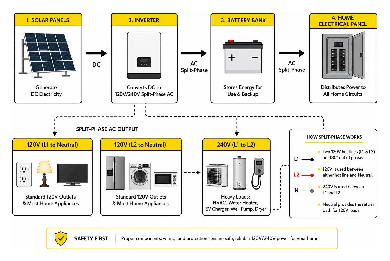 solar DC power conversion process to 120V and 240V split-phase AC electricity solar DC power conversion process to 120V and 240V split-phase AC electricity