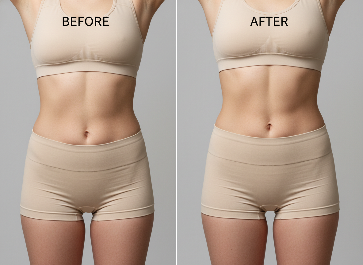 Patient results at 6 months post-op showing significant abdominal contouring - abdominal laser liposuction before and after Patient results at 6 months post-op showing significant abdominal contouring - abdominal laser liposuction before and after