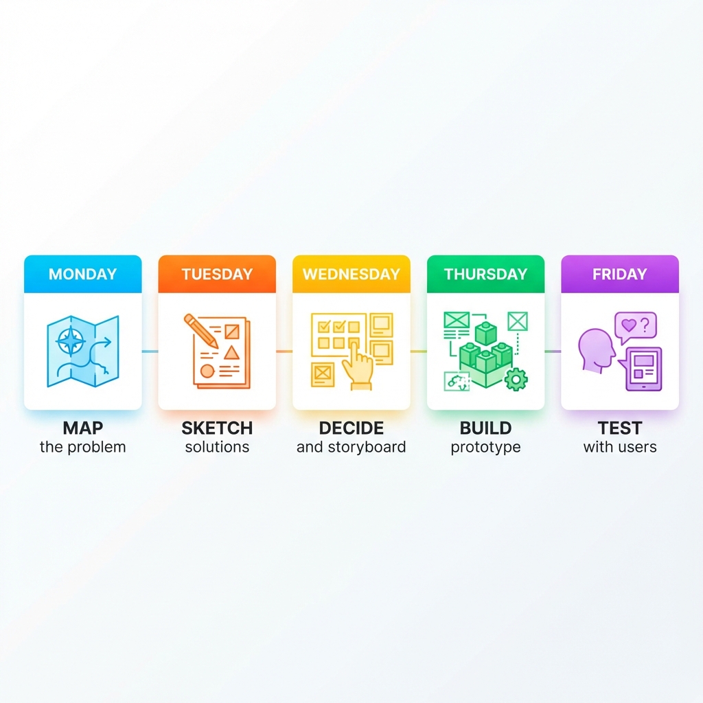 infographic showing the 5-day Design Sprint timeline with key activities for each day: Monday Map the problem, Tuesday Sketch solutions, Wednesday Decide and storyboard, Thursday Build prototype, Friday Test with users - Canvas design sprint guide infographic infographic showing the 5-day Design Sprint timeline with key activities for each day: Monday Map the problem, Tuesday Sketch solutions, Wednesday Decide and storyboard, Thursday Build prototype, Friday Test with users - Canvas design sprint guide infographic