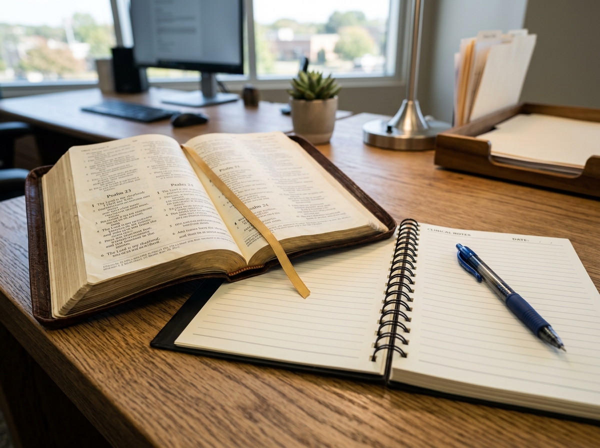 open Bible next to a clinical notebook - biblical premarital counseling