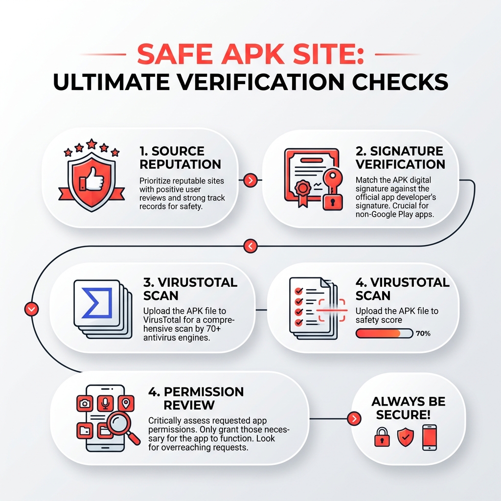 Infographic showing APK safety checks: source reputation, signature verification, VirusTotal scan, permission review - safe Infographic showing APK safety checks: source reputation, signature verification, VirusTotal scan, permission review - safe