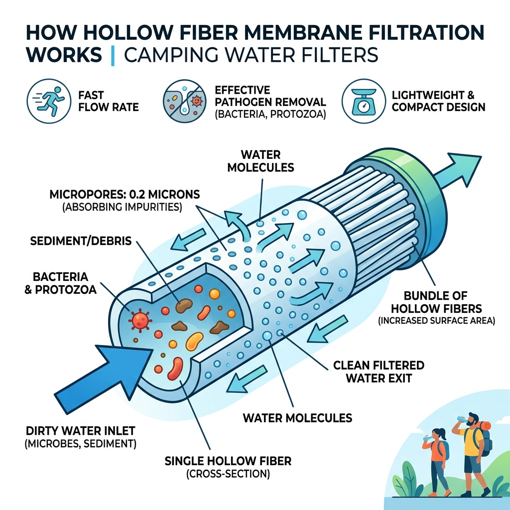 How hollow fiber membrane filtration works for camping water filters — infographic - portable water filter for camping