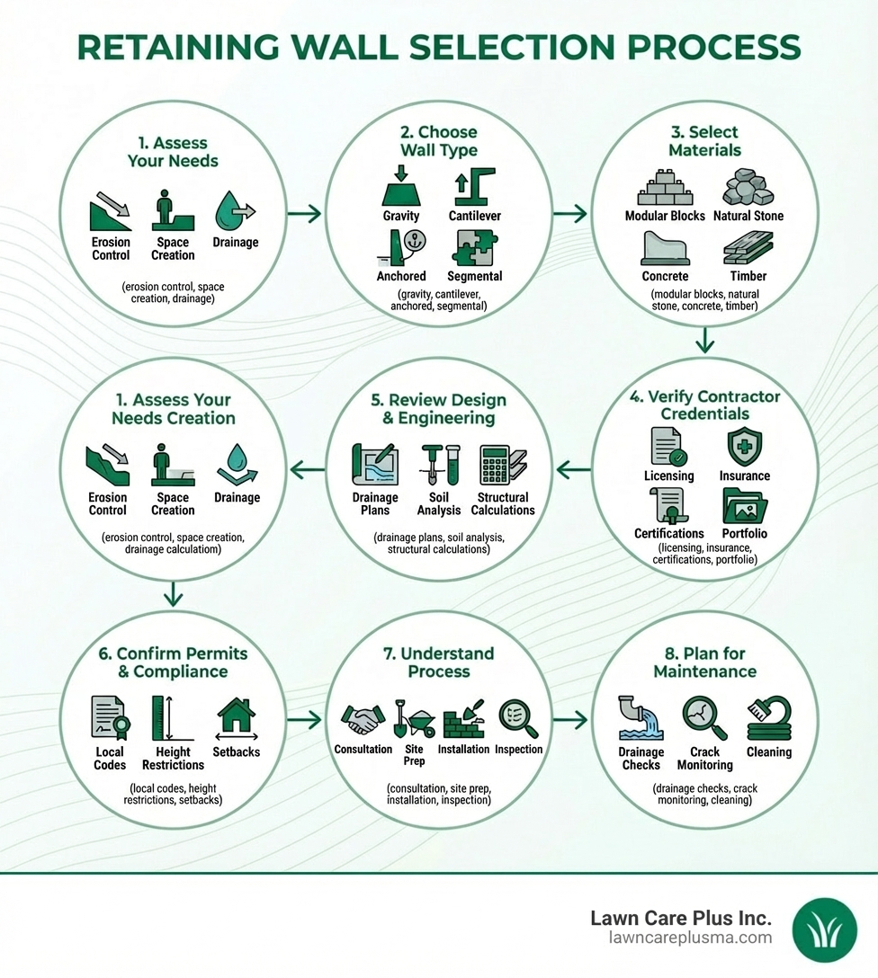 Infographic showing the retaining wall selection process: 1. Assess Your Needs (erosion control, space creation, drainage), 2. Choose Wall Type (gravity, cantilever, anchored, segmental), 3. Select Materials (modular blocks, natural stone, concrete, timber), 4. Verify Contractor Credentials (licensing, insurance, certifications, portfolio), 5. Review Design & Engineering (drainage plans, soil analysis, structural calculations), 6. Confirm Permits & Compliance (local codes, height restrictions, setbacks), 7. Understand Process (consultation, site prep, installation, inspection), 8. Plan for Maintenance (drainage checks, crack monitoring, cleaning) - retaining wall companies infographic 