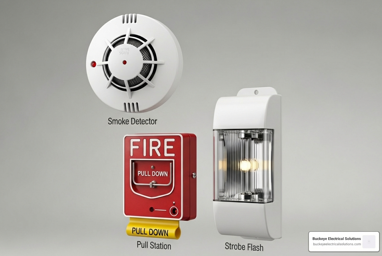 different fire alarm components like smoke detectors, pull stations, and strobes - Fire alarm system installation