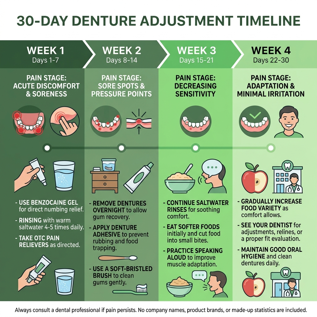 30-day denture adjustment timeline infographic with pain stages and relief tips - Denture pain relief infographic 