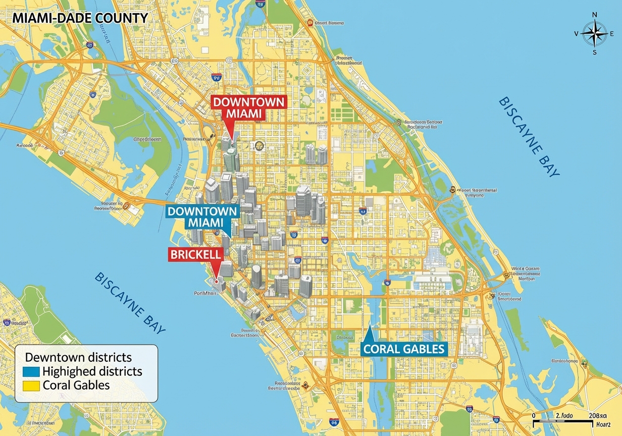 Map of Miami-Dade County highlighting key business districts like Downtown, Brickell, and Coral Gables - Law firm marketing Miami