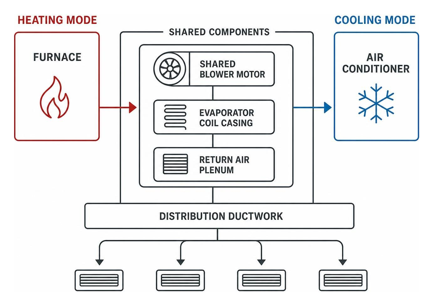 Diagram showing how shared blower motor and ductwork connect furnace and AC systems