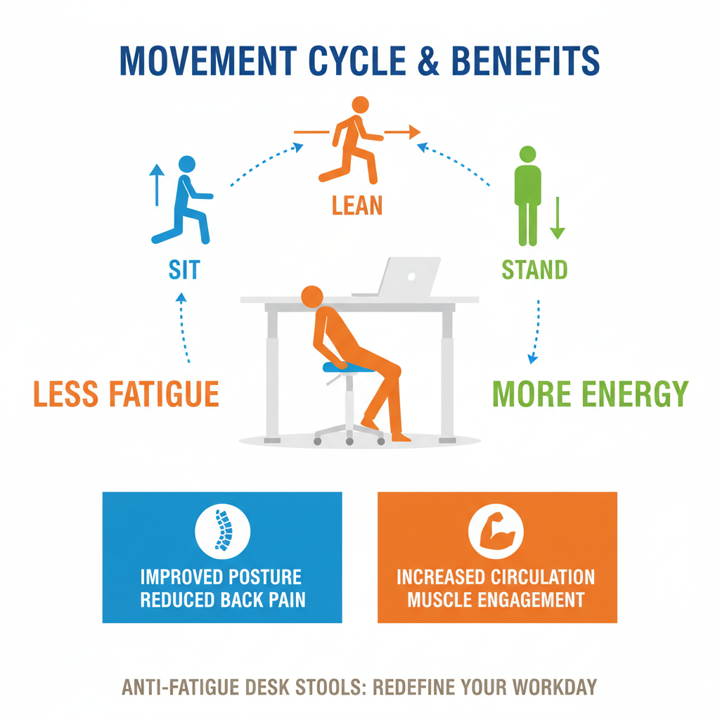 Infographic showing the sit-stand-lean movement cycle and benefits of anti fatigue desk stools - anti fatigue desk stool Infographic showing the sit-stand-lean movement cycle and benefits of anti fatigue desk stools - anti fatigue desk stool