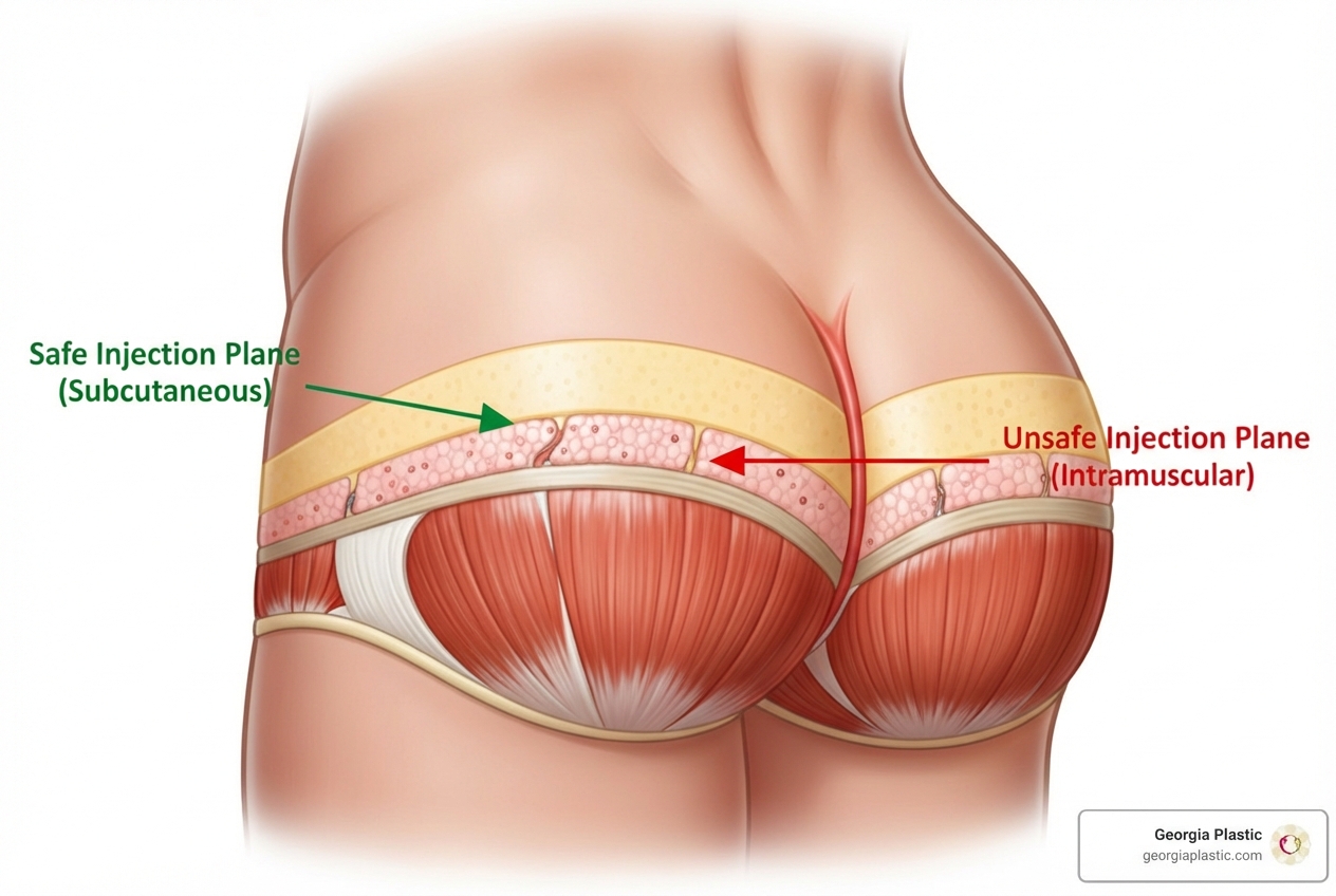 Illustration of safe (subcutaneous) vs. unsafe (intramuscular) BBL injection planes - brazilian butt lift