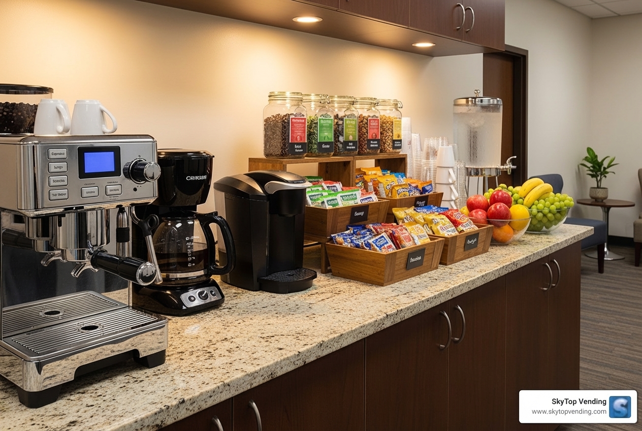 of a diverse selection of coffee, teas, and snacks in a breakroom setting - office coffee service business of a diverse selection of coffee, teas, and snacks in a breakroom setting - office coffee service business